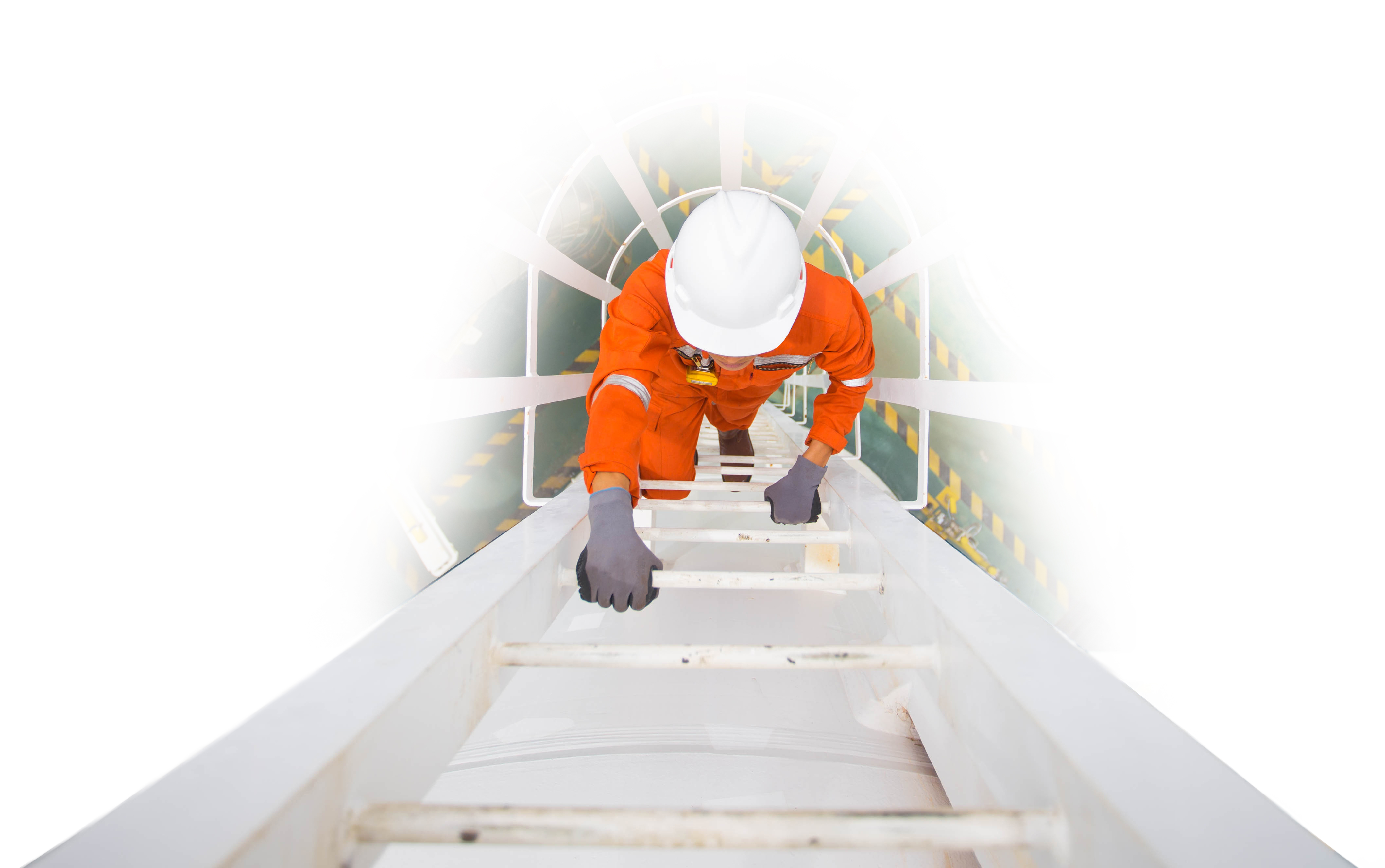oil and gas man wearing an orange jumpsuit as he climbs up a ladder wearing a white helmet for safety representing TenOaks Energy Advisors client 