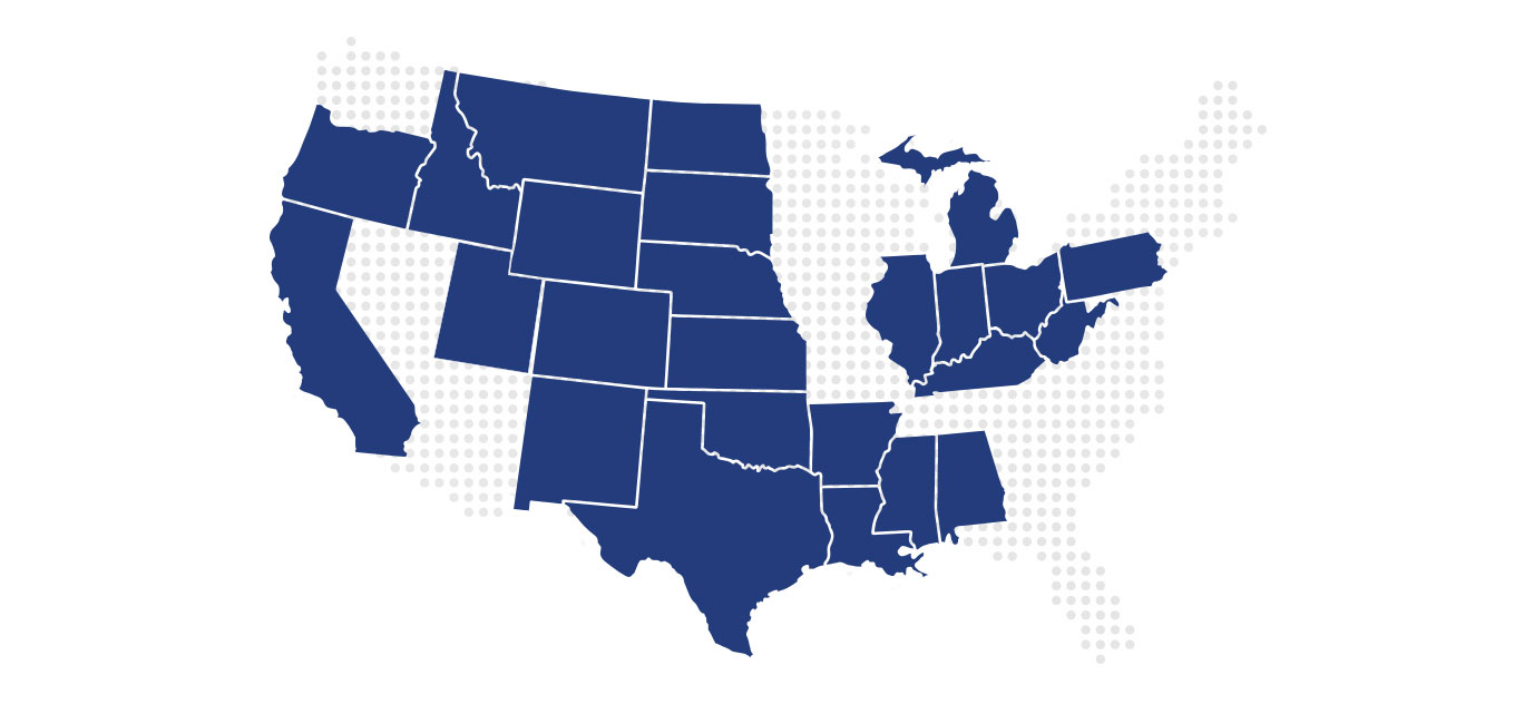 map of the united states usa dotted with blue and gray gradient representing TenOaks Energy Advisors and how they provide services to many throughout 48 states